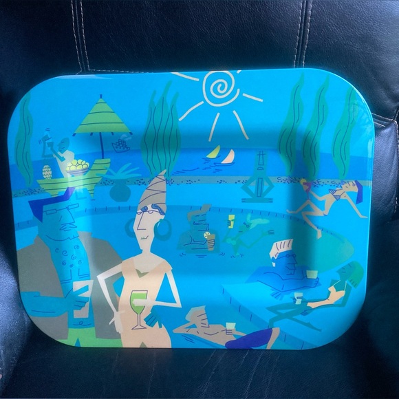 Home Turquoise Art Deco Beach Scene Heavy Duty Large Melamine Serving Platter - Picture 1 of 15